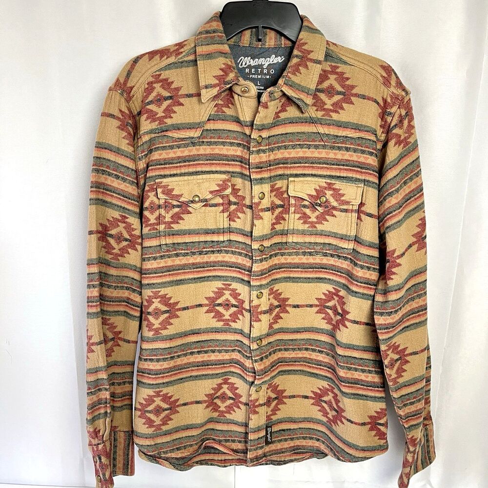 Wrangler Retro Premium Large Southwestern Aztec Cowboy Rancher Pearl Snap Mens L